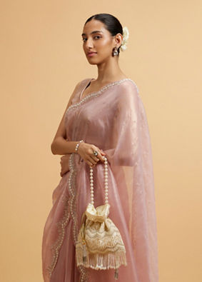 alt message - Mohey Women Light Pink Pearl and Rhinestone Embellished Saree image number 1